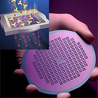 Nanofilter array: 4 inch wafer with 160 membranes.<br /><br />Inset: Membrane sorts molecules by size.<br /><br />(credit University of Rochester)