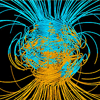 Earth's magnetic field. (computer simulation)
<P>
Image courtesy: Gary Glatzmaier, University of California, Santa Cruz and NASA/JPL.