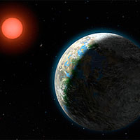 <p>
	This artist's conception shows the inner four planets of the Gliese 581 system and their host star, a red dwarf star only 20 light years away from Earth. The large planet in the foreground is the newly discovered GJ 581g, which has a 37-day orbit right in the middle of the star's habitable zone and is only three to four times the mass of Earth, with a diameter 1.2 to 1.4 times that of Earth. The other three planets are visible along a diagonal from the upper left to GJ 581g.</p>
<p>
	Credit: Artwork by Lynette Cook</p>

