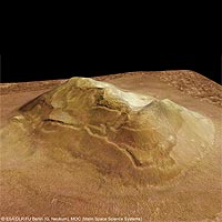 A perspective view showing the so-called 'Face on Mars' located in the Cydonia region. The image shows a remnant massif thought to have formed via landslides and an early form of debris apron formation. The massif is characterized by a western wall that has moved downslope as a coherent mass. The massif became famous as the 'Face on Mars' in a photo taken on 25 July 1976 by the American Viking 1 Orbiter.<br /><br />Image recorded during orbits 3253 and 1216 by the High Resolution Stereo Camera (HRSC) on board ESA's Mars Express. Image is based on data gathered over the Cydonia region, with a ground resolution of approximately 13.7 metres per pixel. Cydonia lies at approximately 40.75° North and 350.54° East.<br /><br />Credits: ESA/DLR/FU Berlin (G. Neukum), MOC (Malin Space Science Systems)