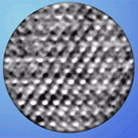 The first experimental image of lithium atoms from a transmission electron microscope: the image shows the arrangement of lithium ions among cobalt and oxygen atoms in the compound lithium cobalt oxide.  
<P>
Image courtesy LBL.