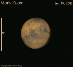 Francis Reddy, author of <A HREF='http://spaceweather.com/delights' TARGET='_blank'>Celestial Delights</A>, created this animation showing how Mars will swell in size between June and August 2003.
<P>
Courtesy NASA and <A HREF='http://spaceweather.com/delights' TARGET='_blank'>Celestial Delights Online</A>,  by Francis Reddy.