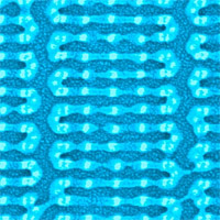MIT researchers coaxed tiny, chainlike molecules to arrange themselves into complex patterns, like this one, on a silicon chip. Previously, self-assembling molecules have required some kind of template on the chip surface — either a trench etched into the chip, or a pattern created through chemical modification. But the MIT technique instead uses sparse silicon “hitching posts.” The molecules attach themselves to the posts and spontaneously assume the desired patterns. <br />Image: Yeon Sik Jung and Joel Yang