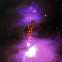 <p>
	Radio/optical composite of the Orion Molecular Cloud Complex showing the OMC-2/3 star-forming filament. GBT data is shown in orange. Uncommonly large dust grains there may kick-start planet formation. Credit: S. Schnee, et al.; B. Saxton, B. Kent (NRAO/AUI/NSF); We acknowledge the use of NASA's SkyView Facility located at NASA Goddard Space Flight Center.</p>
