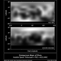 <p>The top picture was taken in 1994 by the European Space Agency's Faint Object Camera. The bottom image was taken in 2002-2003 by the Advanced Camera for Surveys. The dark band at the bottom of each map is the region that was hidden from view at the time the data were taken. </p>
<p>Credit: NASA, ESA, and M. Buie (Southwest Research Institute) Photo No. STScI-PR10-06b</p>