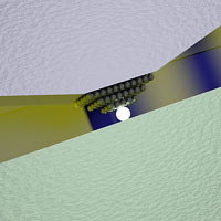 The switch is based on the voltage-induced displacement of one or more silver atoms in the narrow gap between a silver and a platinum plate. (Illustration: Alexandros Emboras / ETH Zurich)