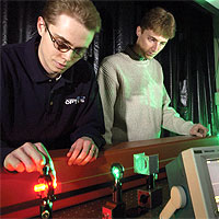 Matthew Bigelow and Nick Lepeshkin, members of the Prof. Boyd's team, pictured here with the experimental setup. Photo courtesy Prof. Robert W. Boyd., University of Rochester.