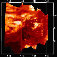 Infrared Image of Titan Volcano<BR><BR>This high-resolution infrared image was taken during the Cassini spacecraft’s closest approach to Titan on Oct. 26, 2004. These images were obtained by Cassini’s visual and infrared mapping spectrometer instrument and show a bright, circular feature (8.5 degrees latitude, minus 143.5 degrees longitude) with two elongated wings extending westwards. Scientists think this feature might be a volcano. <BR><BR>The resolution in the image varies from 2.6 kilometers (1.6 miles) per pixel to 1.8 kilometers (1.1 miles) per pixel. <BR><BR>The Cassini-Huygens mission is a cooperative project of NASA, the European Space Agency and the Italian Space Agency. The Jet Propulsion Laboratory, a division of the California Institute of Technology in Pasadena, manages the mission for NASA’s Science Mission Directorate, Washington, D.C. The Cassini orbiter and its two onboard cameras were designed, developed and assembled at JPL. The visual and infrared mapping spectrometer team is based at the University of Arizona. <BR><BR>Credit: NASA/JPL/University of Arizona <BR>