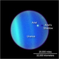 This NASA Hubble Space Telescope image is a never-before-seen astronomical alignment of a moon traversing the face of Uranus, and its accompanying shadow. The white dot near the center of Uranus’ blue-green disk is the icy moon Ariel. The 700-mile-diameter satellite is casting a shadow onto the cloud tops of Uranus. To an observer on Uranus, this would appear as a solar eclipse, where the moon briefly blocks out the Sun as its shadow races across Uranus’s cloud tops. Though such 'transits' by moons across the disks of their parents are commonplace for some other gas giant planets, such as Jupiter, the satellites of Uranus orbit the planet in such a way that they rarely cast shadows on the planet's surface. Uranus is tilted so that its spin axis lies nearly in its orbital plane. The planet is essentially tipped over on its side. The moons of Uranus orbit the planet above the equator, so their paths align edge-on to the Sun only every 42 years. This color composite image was created from images at three wavelengths in near infrared light obtained with Hubble’s Advanced Camera for Surveys on July 26, 2006.<br /><br />Image courtesy: Hubblesite.org