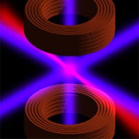 NIST's new optical atomic clock uses two magnetic coils (red rings) and an optical lattice (red laser beam), as well as intersecting violet lasers to cool ytterbium atoms, slowing their motion.<br/>
<br/>
Illustration credit: NIST