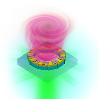 <p>The image above shows vortex laser on a chip. Because the laser beam travels in a corkscrew pattern, encoding information into different vortex twists, it’s able to carry 10 times or more the amount of information than that of conventional lasers.<br />
Credit: University at Buffalo.</p>
