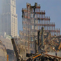 <p>
	The Woolworth Building in New York City is visible behind the rubble of the collapsed World Trade Center. The image was taken one week after the Sept. 11 terrorist attacks.</p>
<p>
	Credit: Michael Rieger, FEMA News Photo</p>
