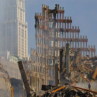 <p>
	The Woolworth Building in New York City is visible behind the rubble of the collapsed World Trade Center. The image was taken one week after the Sept. 11 terrorist attacks.</p>
<p>
	Credit: Michael Rieger, FEMA News Photo</p>
