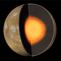 This artist's concept of the interior of Mars shows a hot liquid core that is about one-half the radius of the planet. The core is mostly made of iron with some possible lighter elements such as sulfur. The mantle is the darker material between the core and the thin crust. Courtesy NASA/JPL