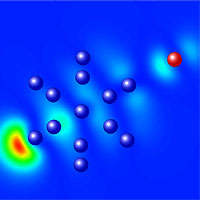 Charge density map of the highest occupied molecular orbital for the Al13I- cluster. Note the preservation of Al13I- icosahedral geometry, and the localized charge density on the aluminum cluster moiety. Color code: blue=aluminum; red=iodine.
<P>
Image copyright: Penn State Eberly College of Science