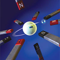 <p>
	An octupole magnet was critical to trapping antihydrogen atoms. A simple octupole magnetic field is produced by eight bar magnets in a plane with their north and south poles arrayed radially to create a magnetic minimum at the center. The antihydrogen atom is trapped in the center because of its magnetic moment, which itself is equivalent to a tiny bar magnet. The bar magnets above and below the octupole plane in this artist's rendition represent the mirror magnets that keep the atoms from squirting out the ends of the trap.</p>
<p>
	(Katie Bertsche)</p>
