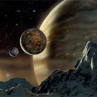 The image shows an impression by David A. Hardy of a possible scene from a moon orbiting the extra-solar planet in orbit around the star HD70642. The planet has a mass about twice that of Jupiter and orbits the star in roughly six years, with a nearly circular orbit of more than three times the Earth-Sun distance. The star HD70642 is a 7th magnitude star in the southern constellation Puppis, and has properties very similar to that of our sun. The similarity in appearance of the extra-solar planet to Jupiter arises because the planets have a similar mass. The possible existence of the moons has been inferred from our knowledge of the planets in our own solar system and from theories of planetary formation—they have not actually been detected.
Photo Credit: David A. Hardy, astroart.org Copyright (c) Particle Physics and Astronomy Research Council 
