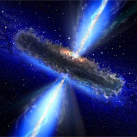 <p>
	A supermassive black hole is surrounded by a dust ring (torus). The collapse of gas onto the black hole launches an energetic jet of matter and radiation, which is transported over cosmological distances. A jet that is pointing into our direction is called a 'blazar' (copyright: ESA/NASA, the AVO project and Paolo Padovani).</p>
