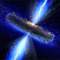 <p>
	A supermassive black hole is surrounded by a dust ring (torus). The collapse of gas onto the black hole launches an energetic jet of matter and radiation, which is transported over cosmological distances. A jet that is pointing into our direction is called a 'blazar' (copyright: ESA/NASA, the AVO project and Paolo Padovani).</p>
