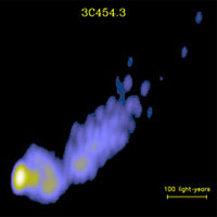 The blazar 3C 454.3 lies 7 billion light-years away. Nevertheless, VLBA observations detect details less than 100 light-years across in the galaxy’s innermost radio jet.<br /><br />Credit: NRAO/AUI/MOJAVE Team/Y. Kovalev