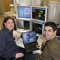 Tobias Beetz (left) and Matt Sfeir review data in the electron microscopy lab at Brookhaven.<br/>
<br/>
Photo courtesy: Brookhaven National Laboratory