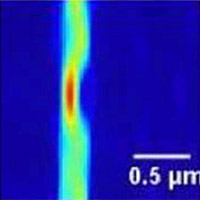 A current-density image, taken with a Circuit Scan 1000 high-resolution magnetic microscope, reveals a tiny flaw in one of two 0.25-micron metal wires in an integrated circuit chip. This detail shows the wire has a 