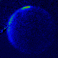  Colors of the ball indicate the number of molecules at a given velocity. The bright spot at the top of the image represents molecules moving with less than 15 M/Sec, with the intensity of the spot proportional to the number moving that slowly. The density of slow molecules is approximately 108 molecules per cm<sup>3</sup>. 
<P>
Image courtesy: Sandia