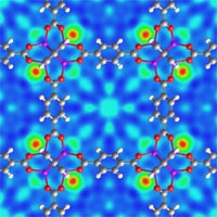 This neutron-scattering image reveals where hydrogen molecules (red-green circles) connect to a metal organic framework (MOF), a type of custom-made compound eyed for hydrogen storage applications. The ball-and-stick model of the MOF is superimposed on the neutron image.<br/>
<br/>
Credit: Taner Yildirim, NIST