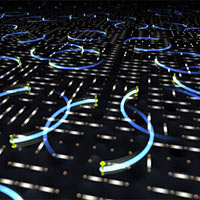 This image shows two states of a cuprate high-temperature superconductor simultaneously: Each circle represents the two electrons of a Cooper pair, which exist at relatively low energy and can carry current with no resistance. In this image, the superconducting Cooper-pair state is superimposed on a dashed pattern that indicates the static positions of electrons caught in a quantum 'traffic jam' at higher energy - when the material acts as a Mott-insulator incapable of carrying current.<br /><br />Image courtesy: BNL