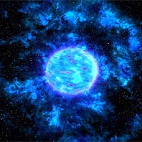 A Wolf-Rayet star in its final hours. Wolf-Rayet stars are extremely massive bluish stars, containing the mass of 10 to 15 suns. The blue-white color of the star indicates that its surface temperature is approximately 50,000 C. Surrounding the star are wisps of gas that have recently been shed from the outer atmosphere. Courtesy NASA/GSFC
