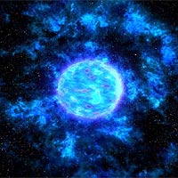 A Wolf-Rayet star in its final hours. Wolf-Rayet stars are extremely massive bluish stars, containing the mass of 10 to 15 suns. The blue-white color of the star indicates that its surface temperature is approximately 50,000 C. Surrounding the star are wisps of gas that have recently been shed from the outer atmosphere. Courtesy NASA/GSFC
