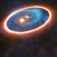 <p>
	This artist’s impression shows the dust and gas around the double star system GG Tauri-A. Researchers using ALMA have detected gas in the region between two discs in this binary system. This may allow planets to form in the gravitationally perturbed environment of the binary. Half of Sun-like stars are born in binary systems, meaning that these findings will have major consequences for the hunt for exoplanets.</p>
<p>
	Credit: ESO/L.Calçada, ALMA (ESO/NAOJ/NRAO)</p>
