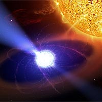The white dwarf in the AE Aquarii system is the first star of its type known to give off pulsar-like pulsations that are powered by its rotation and particle acceleration. <br /><br />Credit: Casey Reed