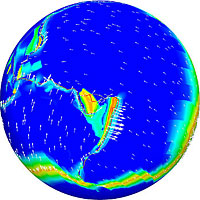 <p>
	Tectonic plate motion (arrows) and viscosity arising from global mantle flow simulation. Plate boundaries, which can be seen as narrow red lines are resolved using an adaptively refined mesh with 1km local resolution. Shown are the Pacific and the Australian tectonic plates and the New Hebrides and Tonga microplates.</p>
<p>
	Image Credit: Georg Stadler, Institute for Computational Engineering & Sciences, UT Austin</p>
