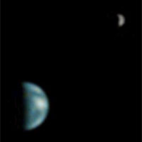 Earth and the Moon (in background), seen from Mars. Image taken by NASA's Mars Global Surveyor. Courtesy of NASA/JPL.