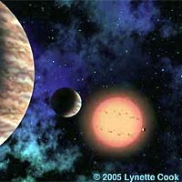 Three planets orbit the star Gliese 876 in this artist’s rendering. The smallest of the trio, barely visible to the right of the small red star, is the most Earth-like extrasolar planet yet discovered. (Image © Lynette Cook)