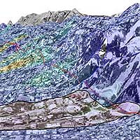 Range-change rates measured by Synthetic Aperture Radar Interferometry show the location and extent of large, actively creeping landslides (red areas) in the Berkeley Hills. View is looking towards the northwest along the right-lateral strike-slip Hayward Fault (red line); the UC Berkeley campus is highlighted at bottom. (Image courtesy George Hilley, UC Berkeley)