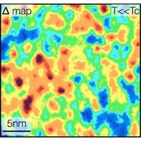 The two figures show the results obtained with a specialized scanning tunneling microscope at temperatures well above and well below when the electrons pair up in high-temperature superconductors. The top figure shows an atomic scale map of the strength for pairing of electrons while superconducting--red shows the strongest pairing regions, blue the weakest. The bottom figure shows a measurement related to electron-electron interaction on the exact same atomic sites at a temperature well above the superconducting transition temperature when electrons repel one another. The surprising connection between these two measurements is the main finding of the paper published in Science by the team from Princeton University.<br /><br />Credit: Yazdani Group