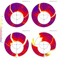 Photo sequence from top left to bottom right showing high energy electrons in yellow and red approaching Earth. Sun is at the center of the photo. 
<P>
Credit: UCSD, AFRL