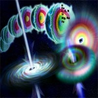 Astronomers believe that the gamma-ray burst observed on September 4, 2005, may have originated with the explosion of a star that lived and died some 13 billion years ago, not long after the Big Bang brought the universe itself into being.<br/>
<br/>
This particular star was a hulking specimen that had at least 30 times the mass of our own Sun, which made it quite a bit bigger than almost any star that exists today. Nonetheless, it was destined for a very short life. Because of the star's huge mass, gravity caused the hydrogen gas in its core to become extraordinarily hot and dense, which in turn made the thermonuclear reactions there extraordinarily fierce. Soon, all the hydrogen in the core had been converted to helium. Then, when the helium 'ash' became dense enough and hot enough, it, too, ignited to form elements such as carbon, nitrogen and oxygen.<br/>
<br/>
Indeed, this cycle was repeated again and again, until the interior of the star acquired a kind of onion structure. First there was an outer shell where hydrogen was fusing into helium. Then inside that, there was a shell where helium was burning. Then came shells for carbon, oxygen and nitrogen; silicon; and magnesium and neon. And finally, at the very center, there was a core of iron nuclei - the ash from all the layers of thermonuclear fusion above it.<br/>
<br/>
But iron was the end. Iron nuclei can neither fuse nor fission; they are as stable as atomic nuclei can get. So the iron in the core of the star could only accumulate? accumulate? accumulate. Before long, in fact, this steady accumulation of iron took the core through a kind of gravitational tipping point - whereupon it suddenly and catastrophically collapsed to form a black hole. The resulting release of energy quickly tore the star apart.<br/>
<br/>
Such explosions are actually fairly common in the universe today; we know them as 'supernovas.' But unlike many supernovas, which tend to produce spherical blast waves, this one seems to have focused most of its explosive energy into two back-to-back jets of ultra-high-energy particles and radiation. Astronomers believe that this may have been the result of gas from the core that tried to fall into the black hole, but couldn't because it was rotating too fast. Instead, the gas settled into a very rapidly rotating 'accretion disk' that surrounded the hole like a flattened donut. Only the gas around the inner rim of the disk could spiral into the hole. And when it did, it released vast amounts of energy that had no way to escape - except along the axis of the disk. Thus the back-to-back jets.<br/>
<br/>
Credit: Nicolle Rager Fuller/NSF