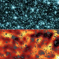 The top panel is an image from the Spitzer observatory of stars and galaxies in the constellation Draco, covering about 50 by 100 million light-years. This is an infrared image at a wavelength of 3.6 microns, below what the human eye can detect. The bottom panel is the result after all the forefront stars, galaxies and artifacts have been masked out. The remaining background has been enhanced to reveal a glow than cannot be attributed to modern galaxies or stars. This could be the glow of the first stars in the universe. Click on image to view an animation that combines the two images. <br/>
<br/>
Credit: NASA/GSFC/JPL-Caltech.