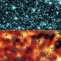 The top panel is an image from the Spitzer observatory of stars and galaxies in the constellation Draco, covering about 50 by 100 million light-years. This is an infrared image at a wavelength of 3.6 microns, below what the human eye can detect. The bottom panel is the result after all the forefront stars, galaxies and artifacts have been masked out. The remaining background has been enhanced to reveal a glow than cannot be attributed to modern galaxies or stars. This could be the glow of the first stars in the universe. Click on image to view an animation that combines the two images. <br/>
<br/>
Credit: NASA/GSFC/JPL-Caltech.