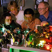 A research team at JILA has developed a new method for making and analyzing an unusual floppy molecule. Shown above with their experimental apparatus are (from left) Chandra Savage, Erin Whitney, Feng Dong, and David Nesbitt.<br/>
<br/>
Photo by Jeff Fal, University of Colorado, Boulder