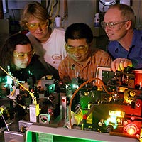 A research team at JILA has developed a new method for making and analyzing an unusual floppy molecule. Shown above with their experimental apparatus are (from left) Chandra Savage, Erin Whitney, Feng Dong, and David Nesbitt.<br/>
<br/>
Photo by Jeff Fal, University of Colorado, Boulder