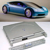 TOP: The Toyota FINE-S, a hydrogen fuel-cell hybrid-electric concept vehicle revealed at the Detroit Motor Show in January 2003. Copyright Toyota Motors. <P>
BOTTOM: This prototype Casio laptop can run for more than 20 hours on one refueling of its fuel cell power supply, shown here removed from the computer. Copyright 2002