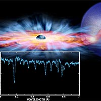 The X-ray spectrum (see inset) of a binary star system consisting of a black hole and a normal star indicates that turbulent winds of multimillion degree gas are swirling around the black hole. As the illustration shows, much of the hot gas is spiraling inward toward the black hole, but about 30% is blowing away.<br /><br />The temperature and intensity of the winds imply that powerful magnetic fields must be present. These magnetic fields, likely carried by the gas flowing from the companion star, create magnetic turbulence that generates friction in the gaseous disk and drive winds from the disk that carry momentum outward as the gas falls inward. Magnetic friction also heats the gas in the inner part of the disk to X-ray emitting temperatures.<br /><br />The analysis of the disk wind of GRO J1655-40, or J1655 for short, confirmed what astronomers had long suspected, namely that magnetic friction is central to understanding how black holes accrete matter rapidly. Without a process to take away some of the angular momentum of the gas, it could remain in orbit around a black hole for a very long time.<br /><br />J1655 is a binary system that harbors a black hole with a mass seven times that of the sun, which is pulling matter from a normal star about twice as massive as the sun. The Chandra observation revealed a bright X-ray source whose spectrum showed dips produced by absorption from a wide variety of atoms ranging from oxygen to nickel. A detailed study of these absorption features shows that the atoms are highly ionized and are moving away from the black hole in a high-speed wind.<br /><br />Understanding the importance of magnetic forces in the disk of gas around J1655 could have far-reaching implications, from the supermassive black holes associated with powerful quasars, to planet-forming disks around young sun-like stars.<br /><br />Image courtesy: Chandra Observatory