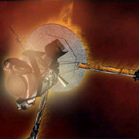 Artist's concept of Galileo approaching Jupiter. 
<P>
Courtesy: NASA