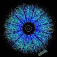 When two gold nuclei collide in the RHIC particle accelerator, Brookhaven, they produce a cascade of new particles. Each line on these images shows the path of one of those particles. The STAR detector captured these traces. By analysing the type and quantity of the particles produced, along with the direction in which the particles moved, physicists revealed that a new state of matter had been produced. <br/>
<br/>
Copyright: RHIC, Brookhaven<br/>