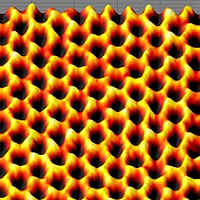 <p>
	This image of a single suspended sheet of graphene taken with the TEAM 0.5, at Berkeley Lab’s National Center for Electron Microscopy shows individual carbon atoms (yellow) on the honeycomb lattice.</p>
