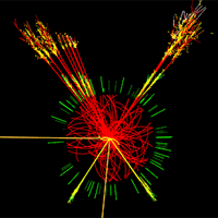 <p>
	Simulated production of a Higgs event in ATLAS. This track is an example of simulated data modeled for the ATLAS detector on the Large Hadron Collider at CERN.</p>
<p>
	Image courtesy: BNL</p>
